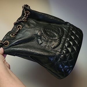CC Sack Bucket Black Leather Drawstring Bag